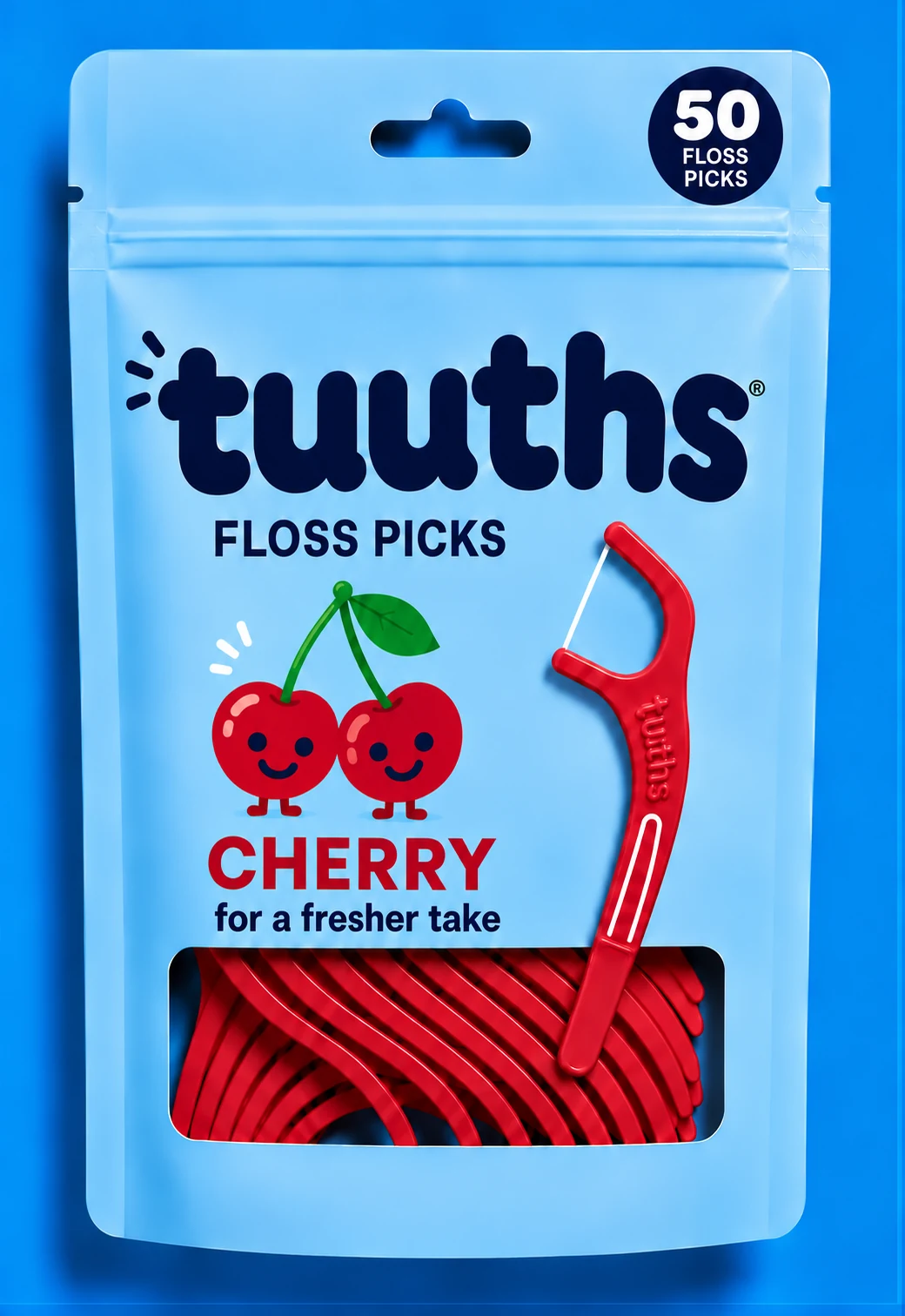 Blue Tuuths cherry floss pick pouch with cherry picks