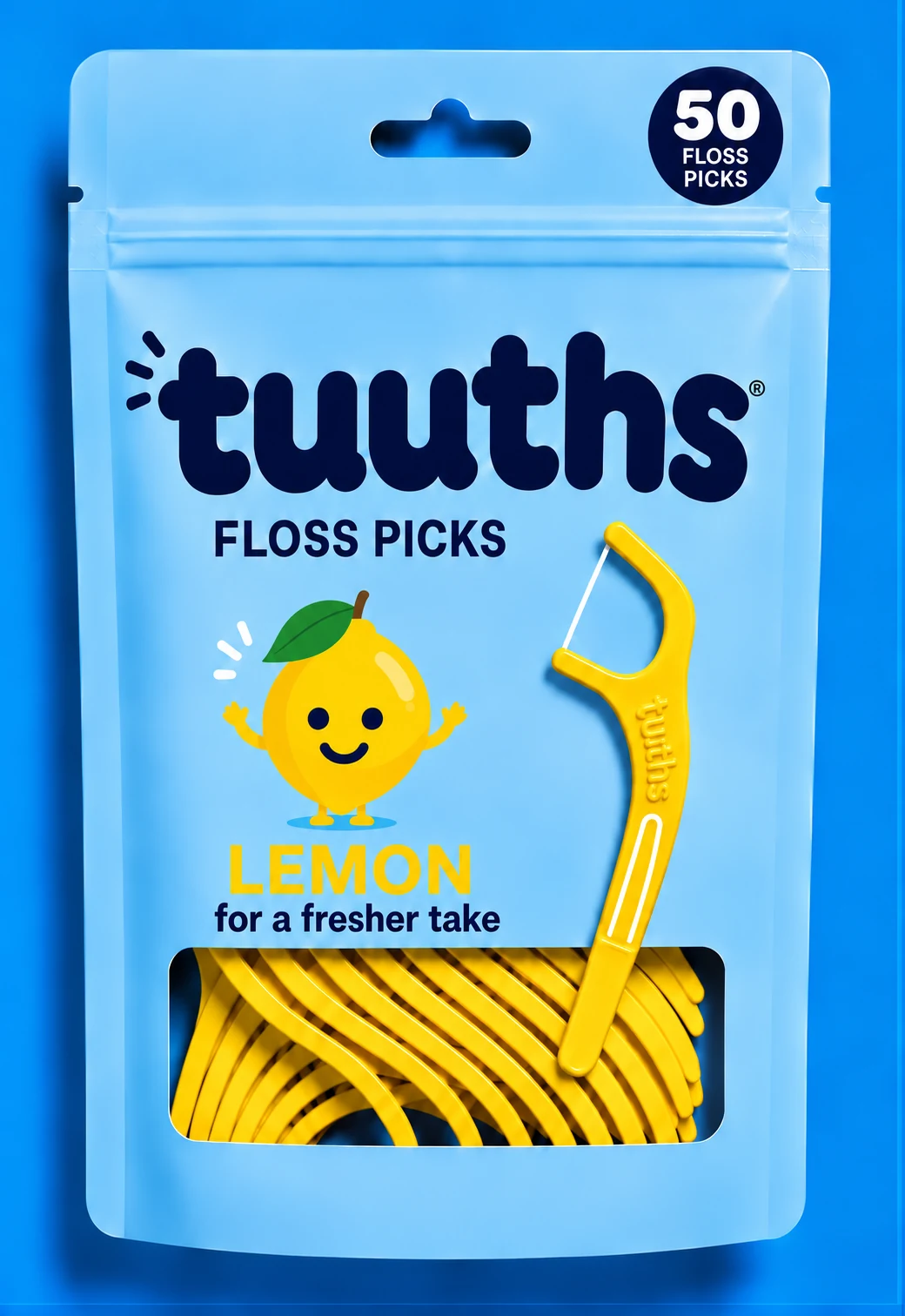 Blue Tuuths lemon floss pick pouch with lemon picks