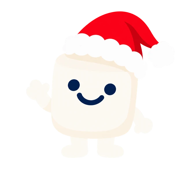 Tuuths Marshmallow character wearing a Santa hat