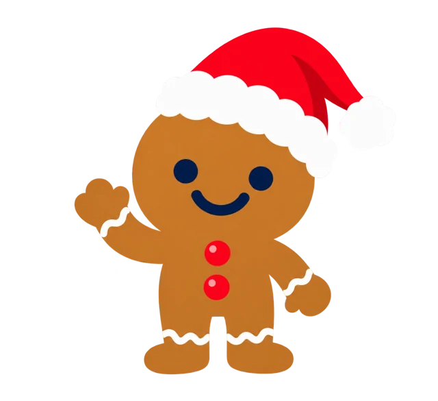 Tuuths Gingerbread character wearing a Santa hat