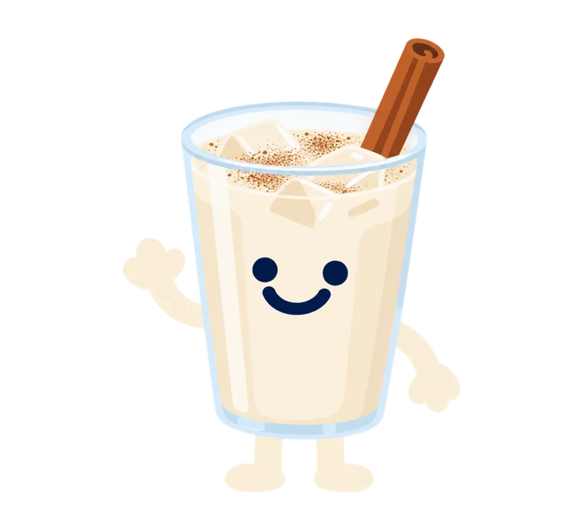 Tuuths smiling horchata character with ice and a cinnamon stick