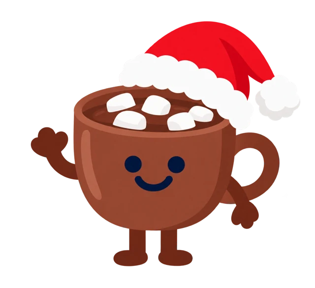 Tuuths Hot cocoa character wearing a Santa hat