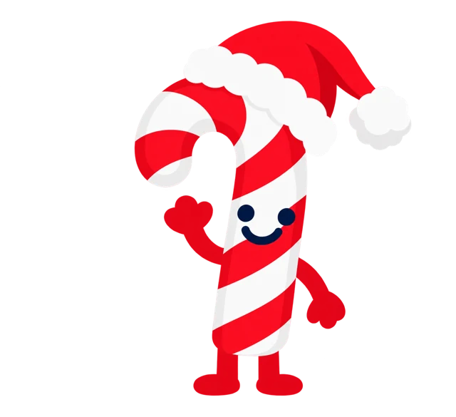Tuuths Candy cane peppermint character wearing a Santa hat