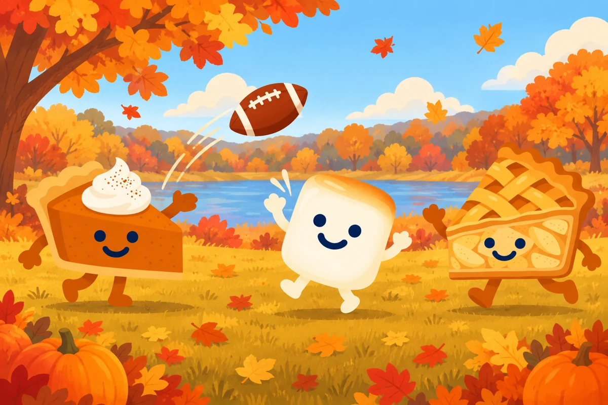 Tuuths Pumpkin Pie, Marshmallow, and Apple Pie tossing a football in autumn