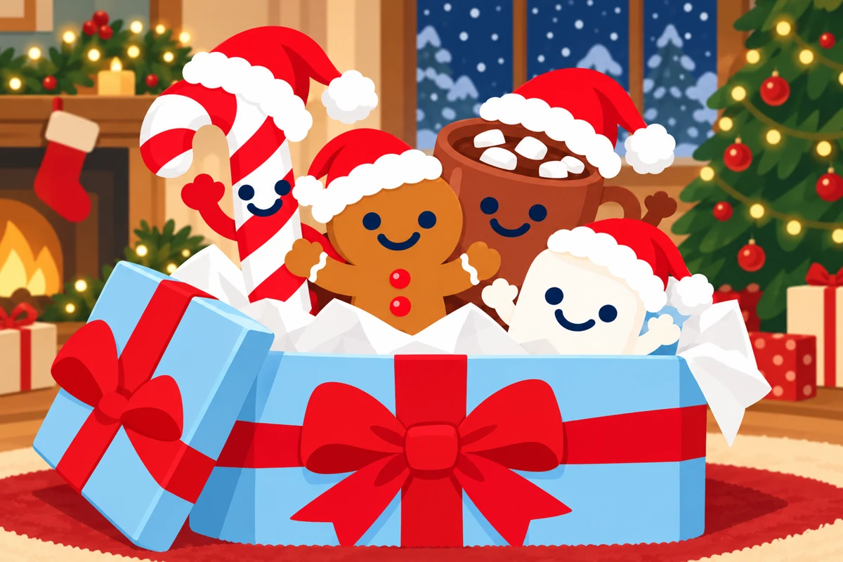 Tuuths Candy Cane, Gingerbread, Hot Cocoa, and Marshmallow wearing Santa hats and popping out of a Christmas gift