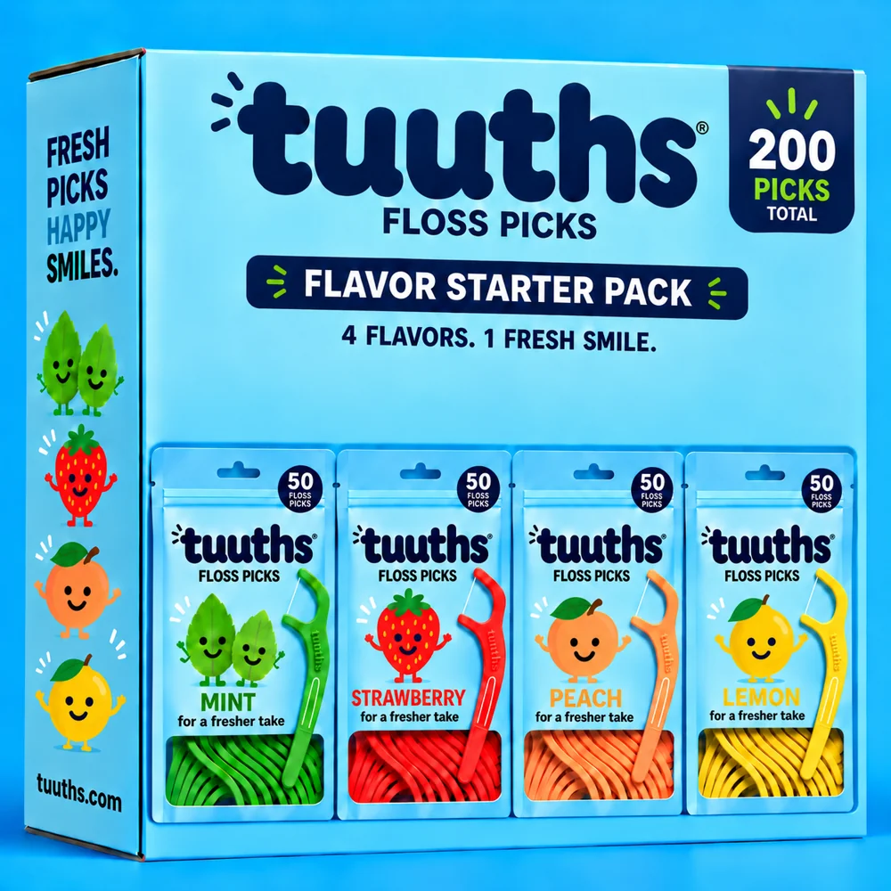 Tuuths Mint, Strawberry, Peach, and Lemon floss pick starter pack