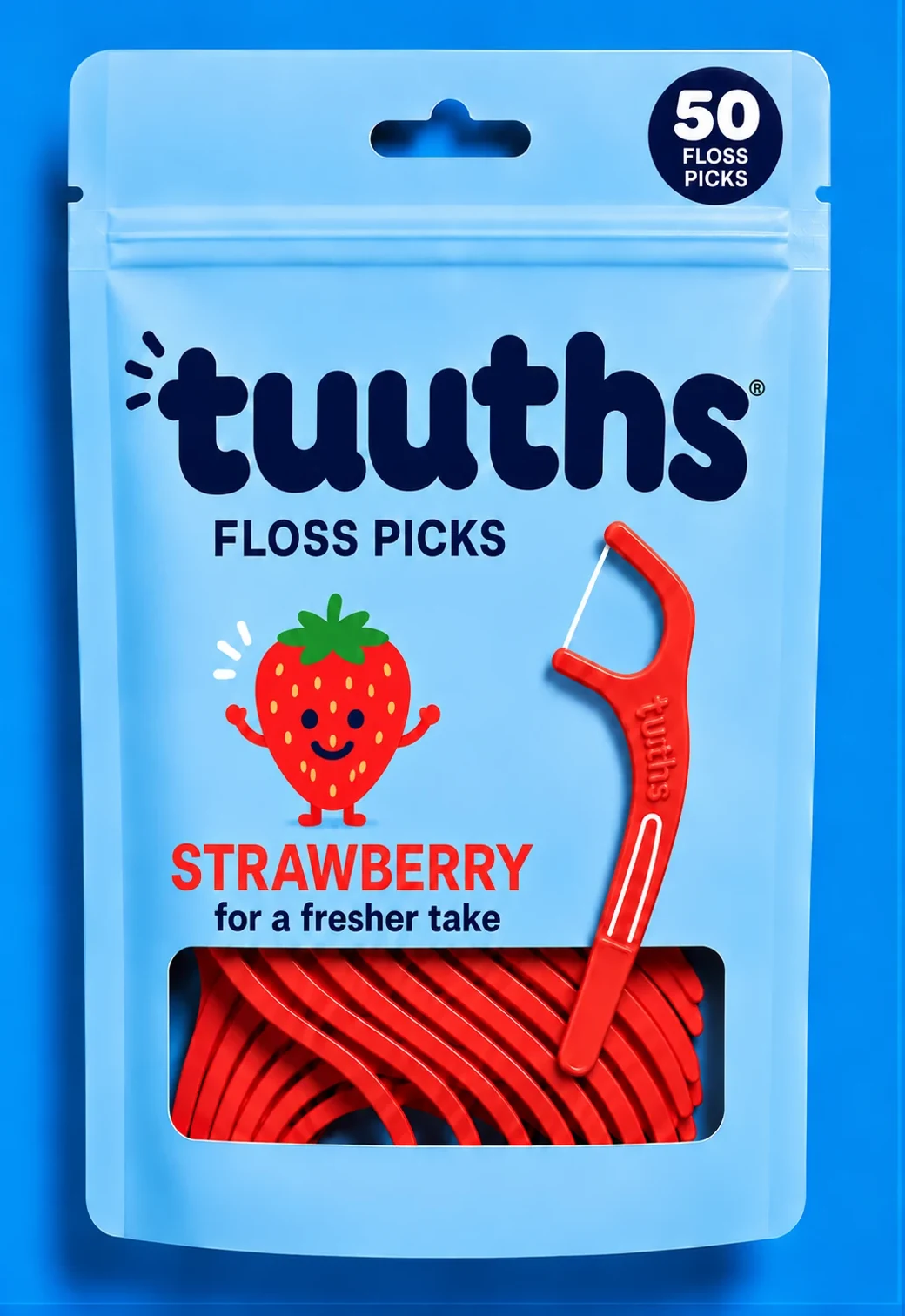 Blue Tuuths strawberry floss pick pouch with strawberry picks